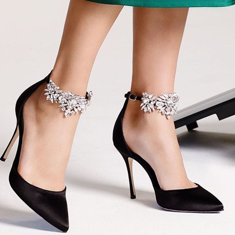 Line-style Buckle Rhinestone Pointed Toe 10cm Thin Women's Shoes