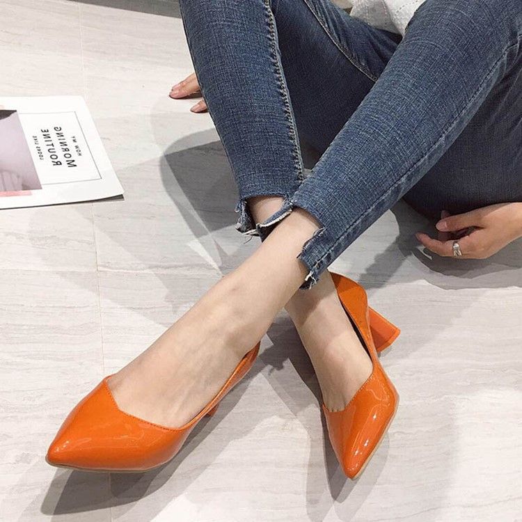 Plain Chunky Heel Slip-on Pointed Toe Dame Pumps