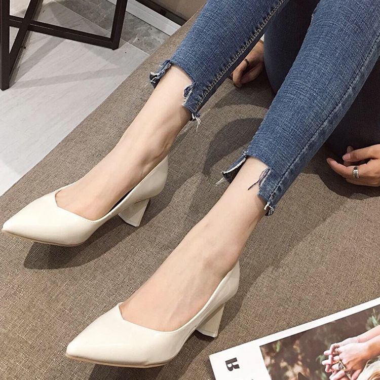 Plain Chunky Heel Slip-on Pointed Toe Dame Pumps