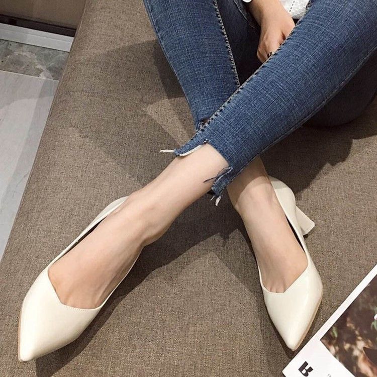 Plain Chunky Heel Slip-on Pointed Toe Dame Pumps