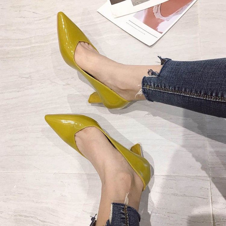 Plain Chunky Heel Slip-on Pointed Toe Dame Pumps