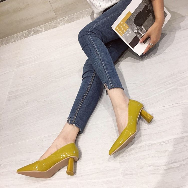 Plain Chunky Heel Slip-on Pointed Toe Dame Pumps