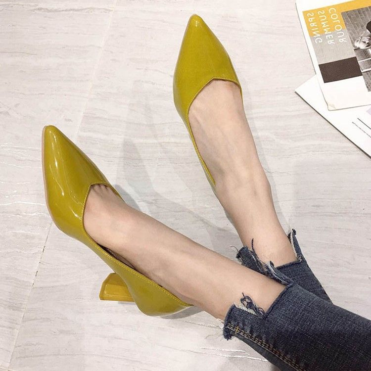 Plain Chunky Heel Slip-on Pointed Toe Dame Pumps