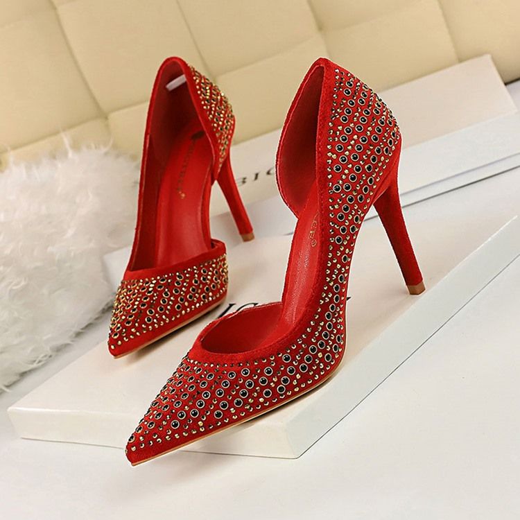 Rhinestone Faux Suede Stiletto Heel Spidse Toe Pumps Til Kvinder