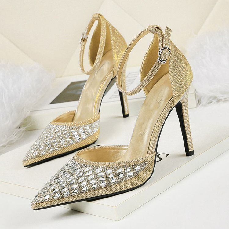 Rhinestone Spids Toe Spænde Stiletto Hæl Dame Pumps