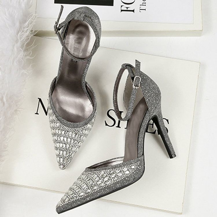 Rhinestone Spids Toe Spænde Stiletto Hæl Dame Pumps