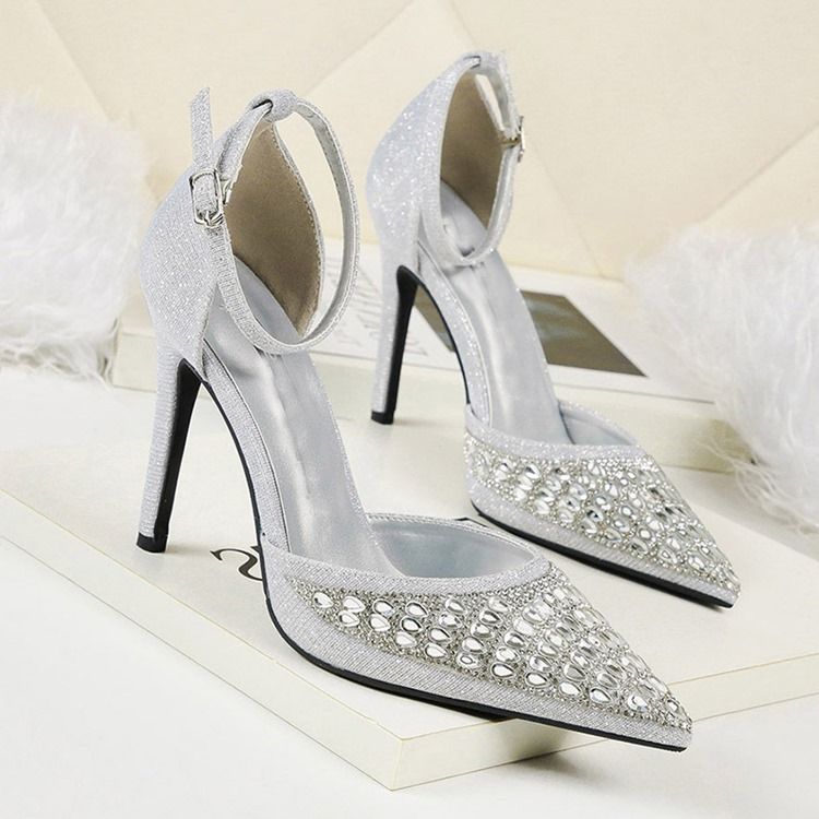 Rhinestone Spids Toe Spænde Stiletto Hæl Dame Pumps