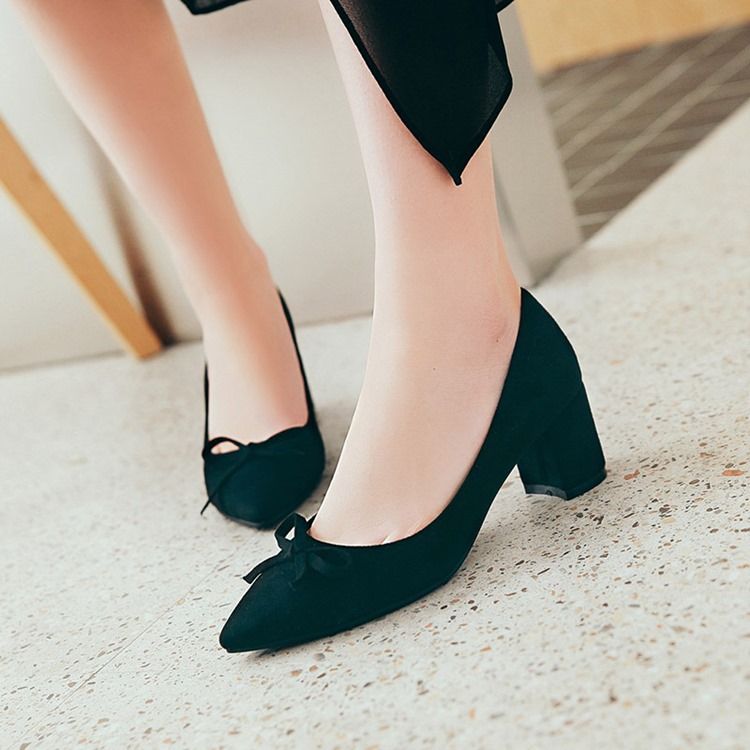 Spids Toe Bow Chunky Heel Pumps Til Kvinder