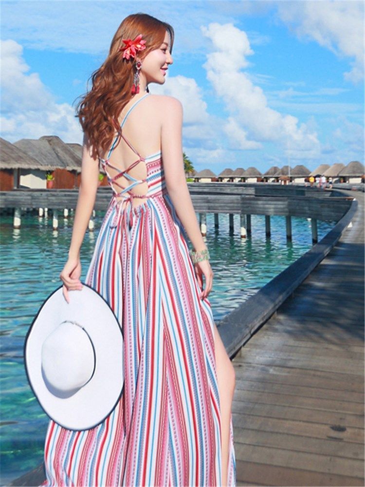 Color Block Stripe Backless Vacation Maxikjole Til Kvinder