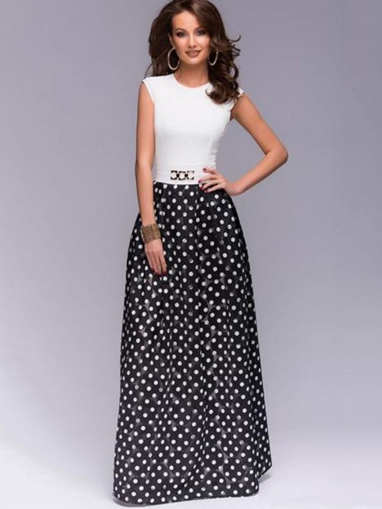 Kvinder Polka Dots Color Block Expansion Maxi Dress