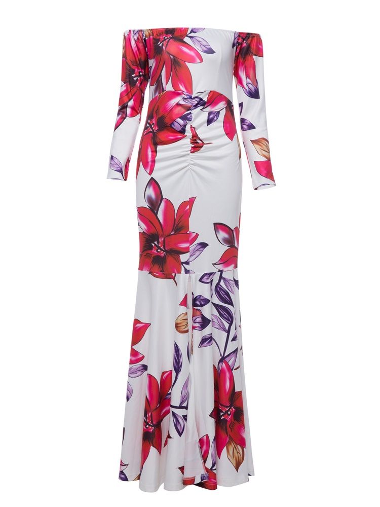 Kvinder Slash Neck Flower Print Backless Maxi Dress