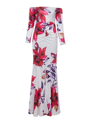 Kvinder Slash Neck Flower Print Backless Maxi Dress