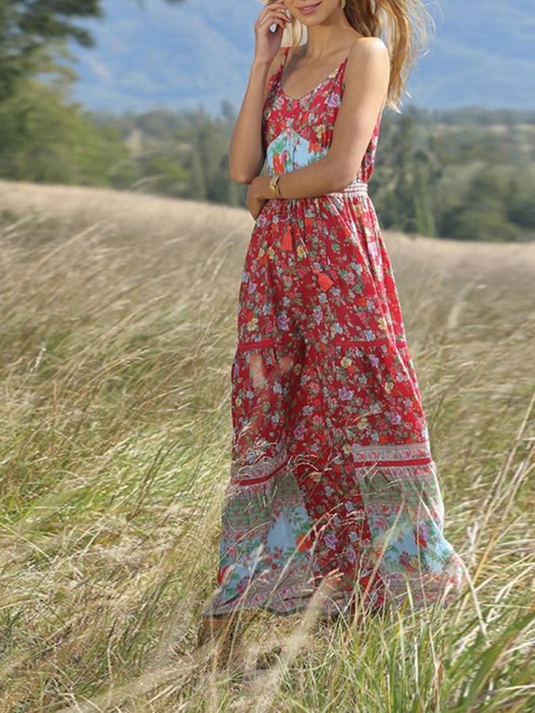 Kvinders Bohemian-udvidelse Ankel-længde Plisseret Blomstret Rejse Look Kjole