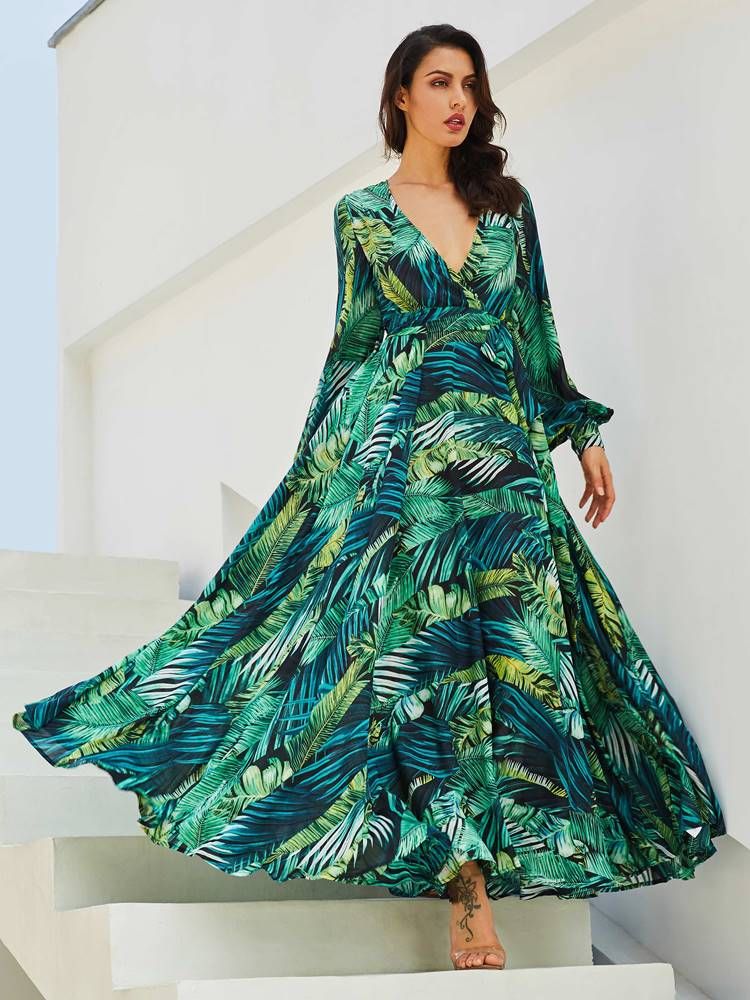 Kvinders V-udskæring Plant Print Lace-up Maxi Dress