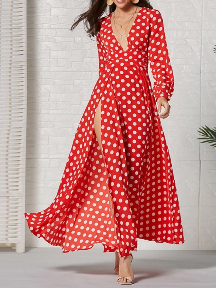 Langærmet Ankel-længde V-hals Fashion Polka Dots Kjole Til Kvinder