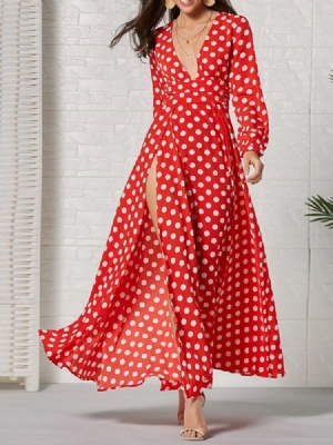 Langærmet Ankel-længde V-hals Fashion Polka Dots Kjole Til Kvinder