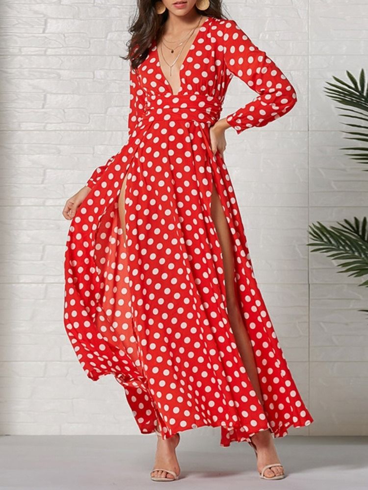 Langærmet Ankel-længde V-hals Fashion Polka Dots Kjole Til Kvinder