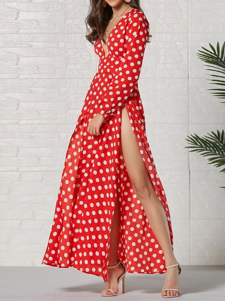 Langærmet Ankel-længde V-hals Fashion Polka Dots Kjole Til Kvinder