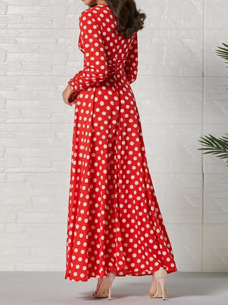 Langærmet Ankel-længde V-hals Fashion Polka Dots Kjole Til Kvinder