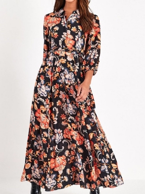 Trekvart Ærmetryk Revers Floral Mid Waist Women's Dress