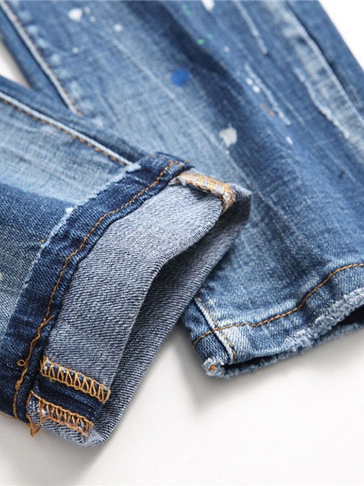 Broderi Lige Farveblok Herre-knap Midt I Jeans