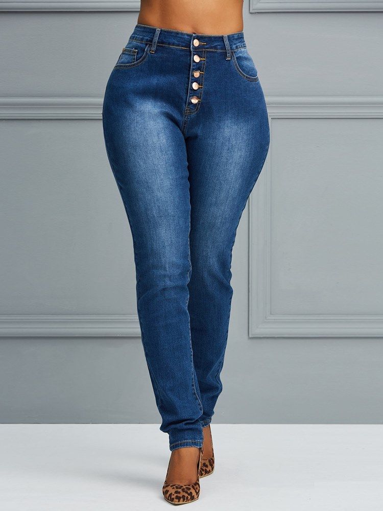 Button Skinny Plain Jeans Til Kvinder