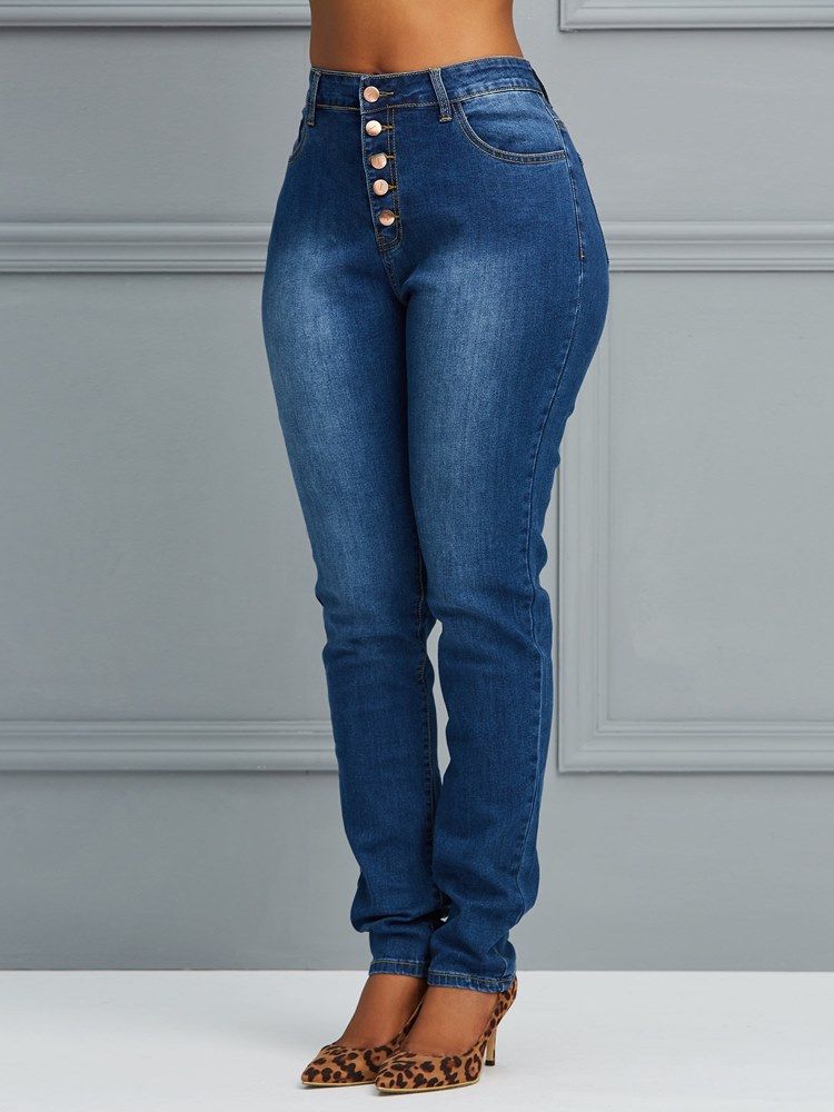 Button Skinny Plain Jeans Til Kvinder