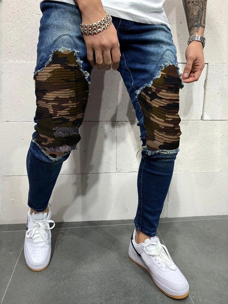 Camouflage Pencil Pants Hole Casual Mid Waist Men's Jeans