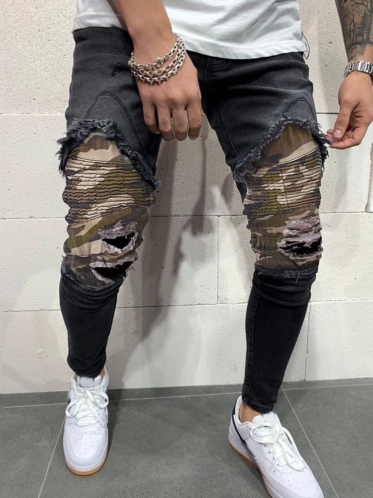 Camouflage Pencil Pants Hole Casual Mid Waist Men's Jeans