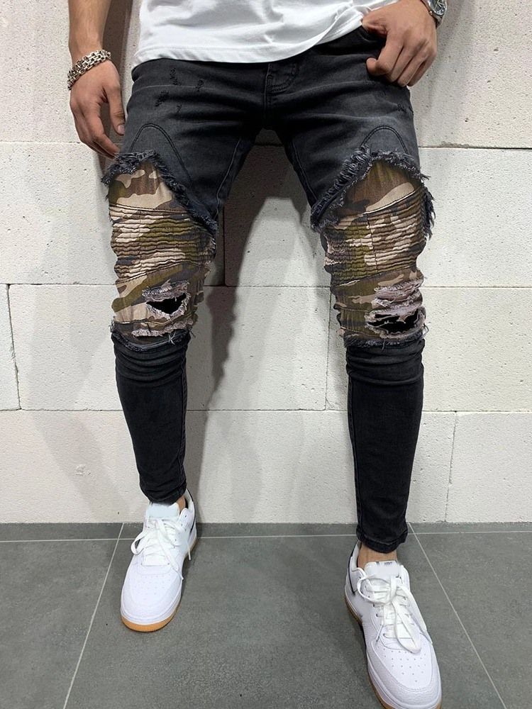 Camouflage Pencil Pants Hole Casual Mid Waist Men's Jeans