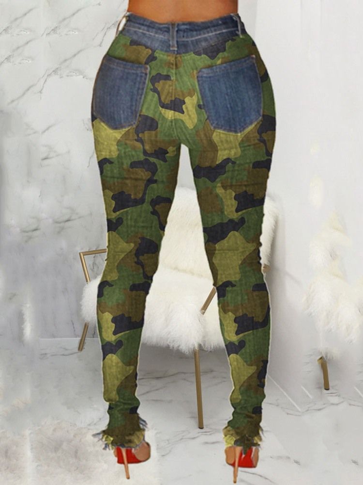 Camouflage Pencil Pants Patchwork Skinny Mid Waist Women's Jeans