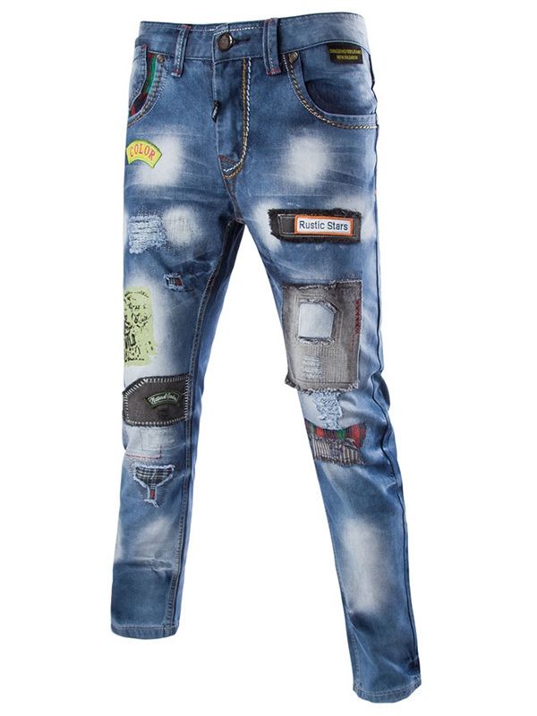 Casual Street Style Patchwork Denim Jeans Til Mænd