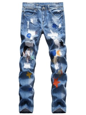 Color Block Hole Straight Hip Hop Lynlås Herre Jeans