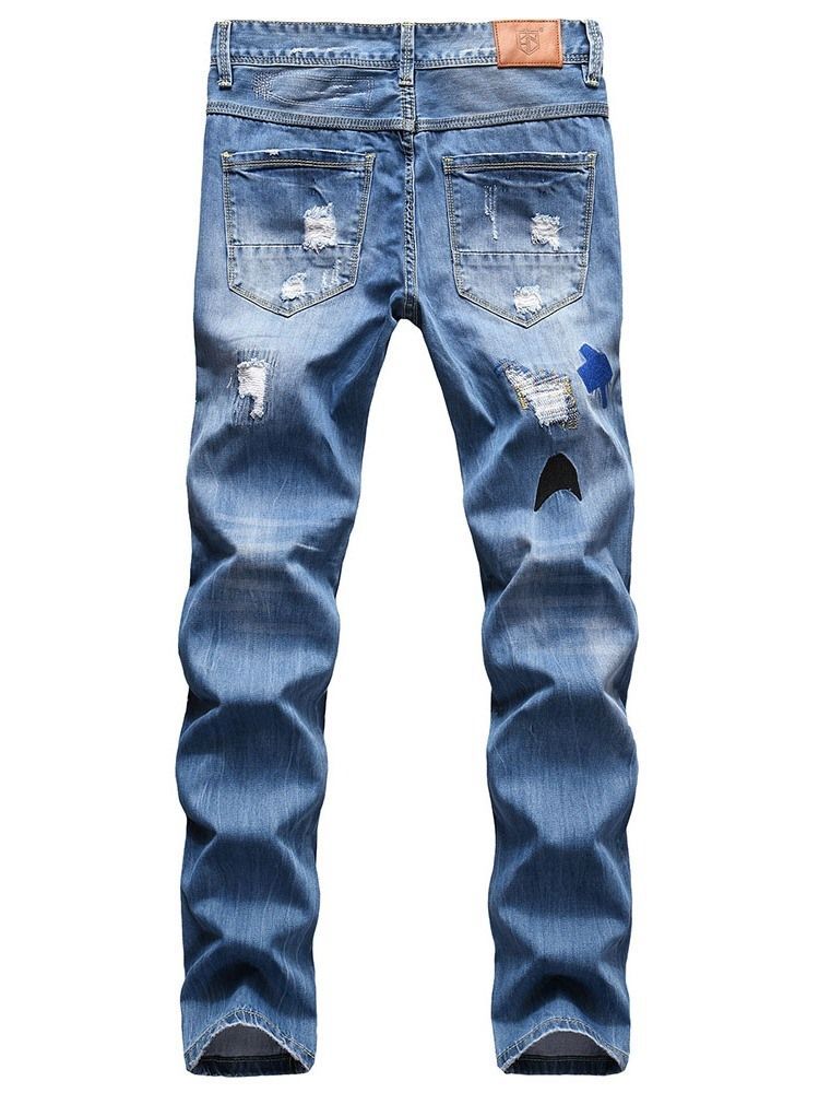 Color Block Hole Straight Hip Hop Lynlås Herre Jeans