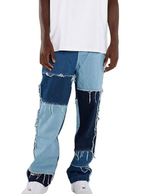 Color Block Patchwork Hip Hop Lynlås Til Mænds Jeans