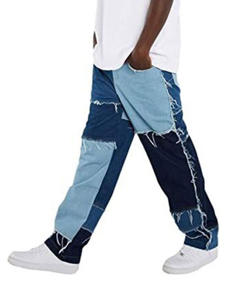 Color Block Patchwork Hip Hop Lynlås Til Mænds Jeans