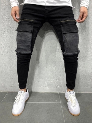 Color Block Patchwork Pencil Pants Casual Mid Waist Men's Jeans