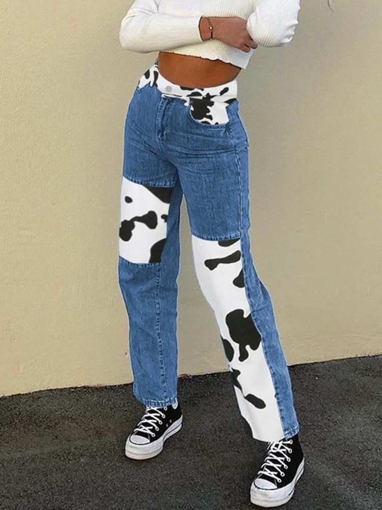 Color Block Print Straight High Waist Women's Slim Jeans