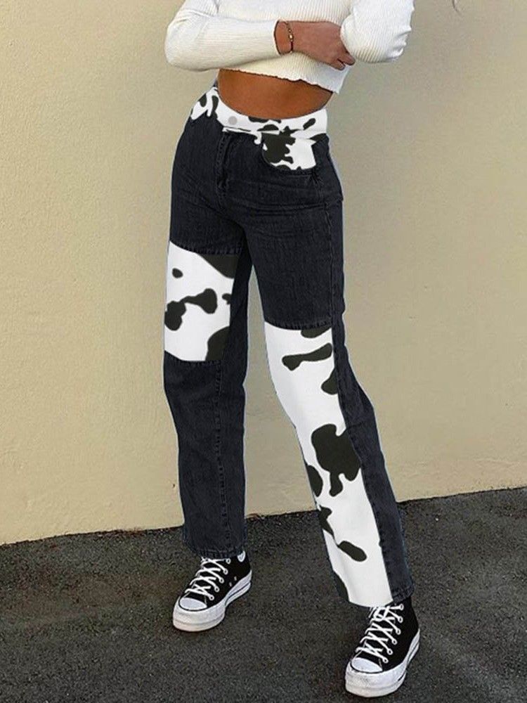 Color Block Print Straight High Waist Women's Slim Jeans