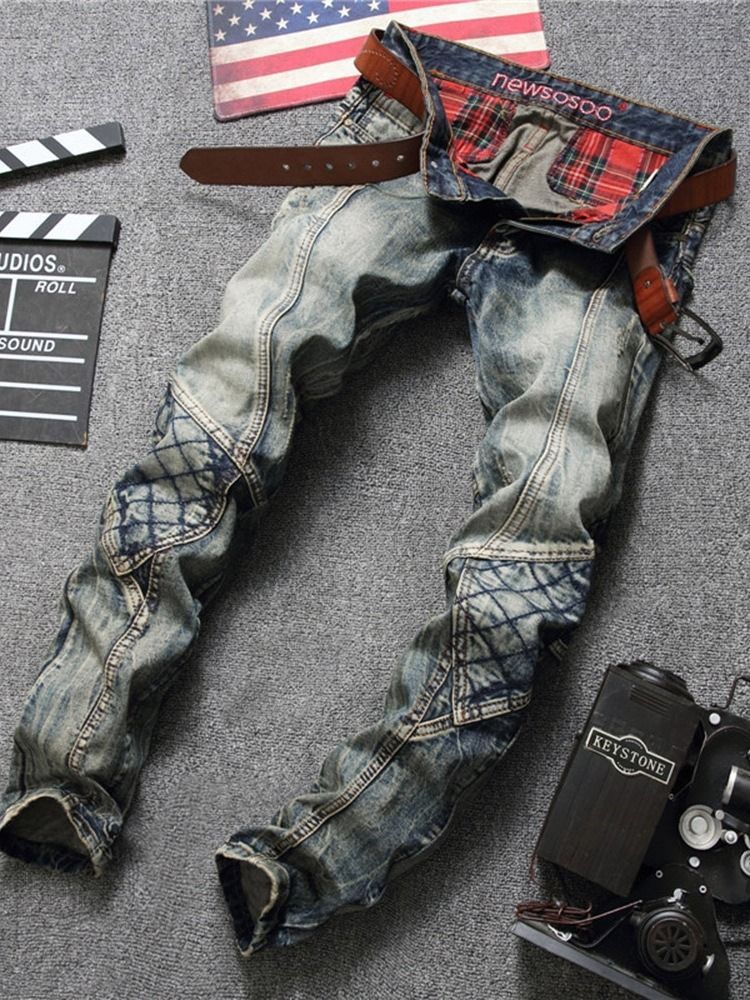 Color Block Straight Button Vintage Mid Waist Men's Jeans