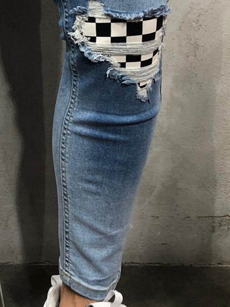 Color Block Tynde Jeans Med Lynlås Til Mænd