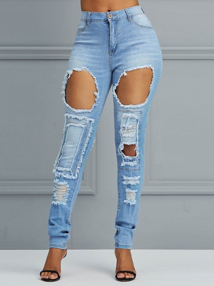 Hole High-waist Pencil Pants Women's Jeans