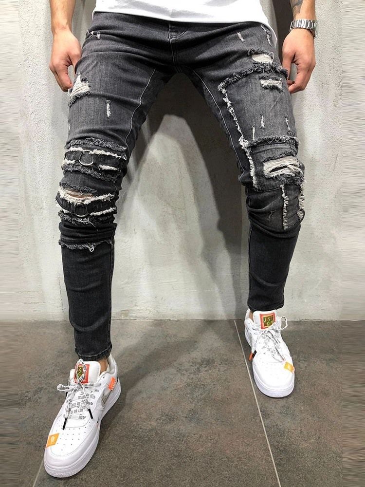 Hole Pencil Pants Mid Waist Mens Casual Jeans