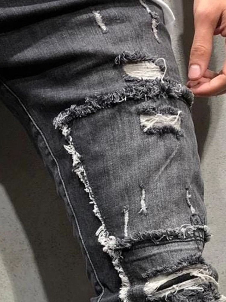 Hole Pencil Pants Mid Waist Mens Casual Jeans