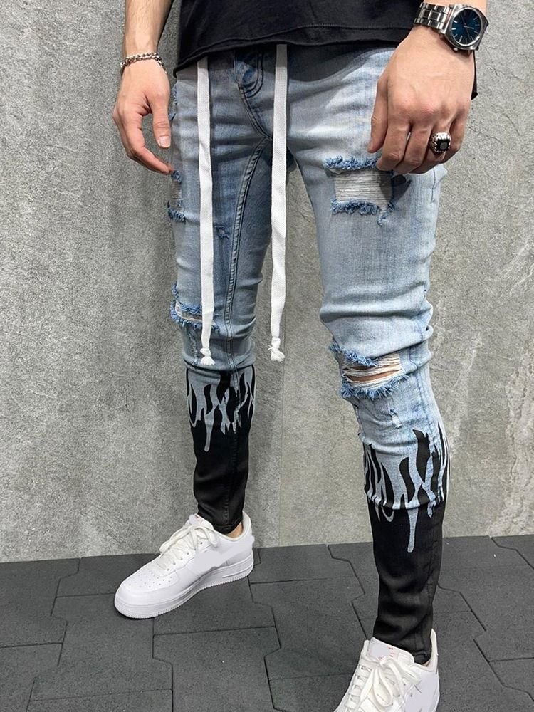 Hole Pencil Pants Mid Waist Men's Jeans