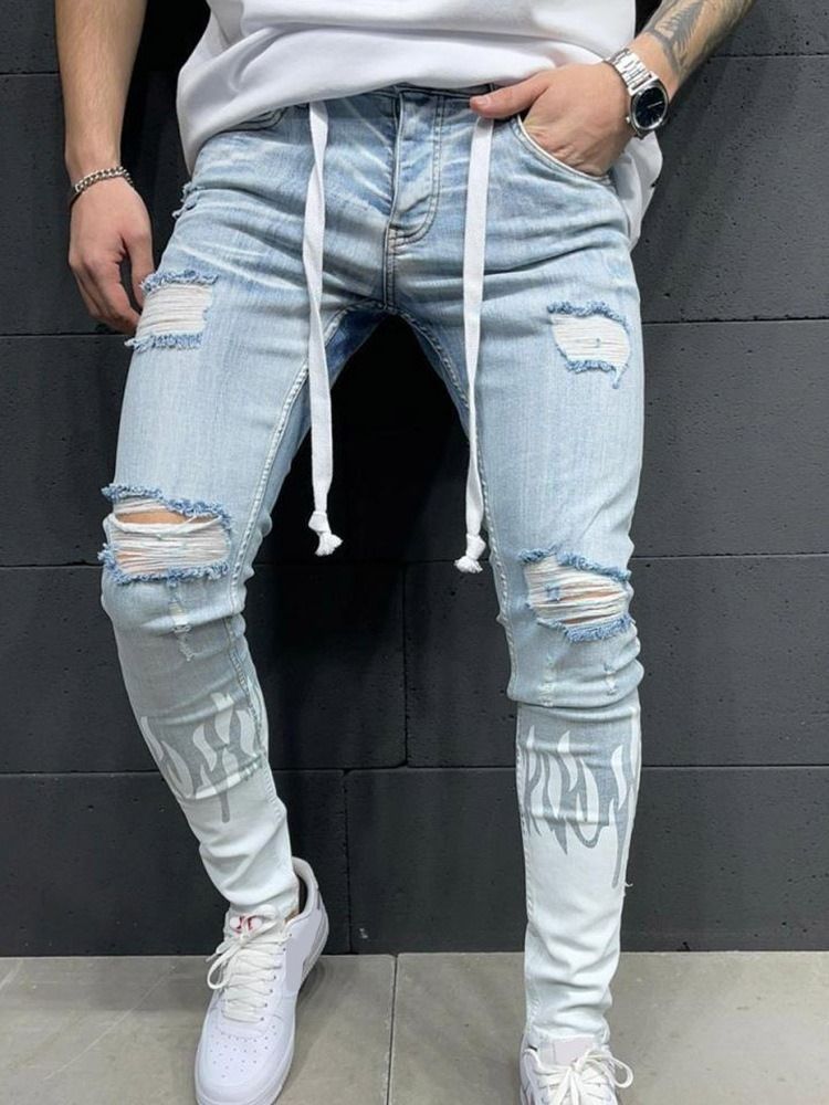 Hole Pencil Pants Mid Waist Men's Jeans