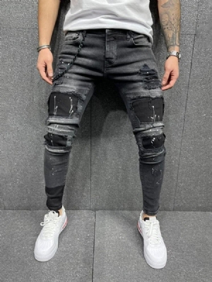 Hole Pencil Pants Mid Waist Zipper Men's Jeans