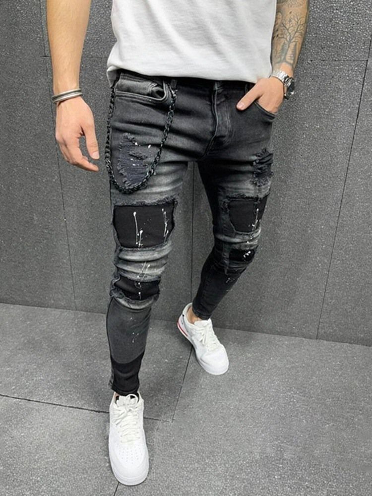 Hole Pencil Pants Mid Waist Zipper Men's Jeans