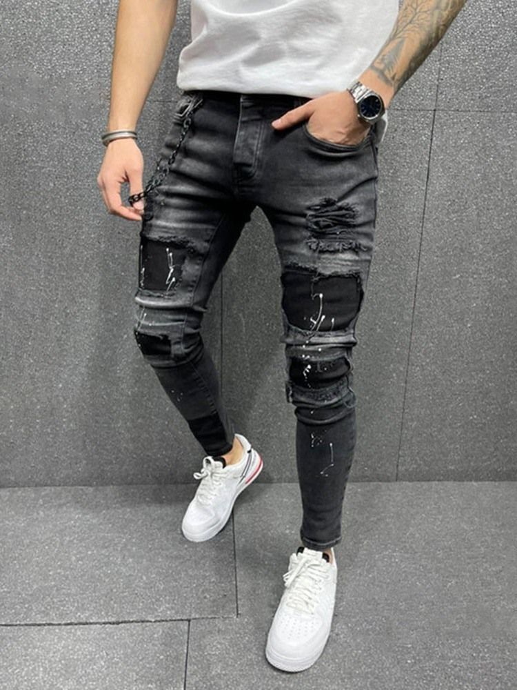 Hole Pencil Pants Mid Waist Zipper Men's Jeans