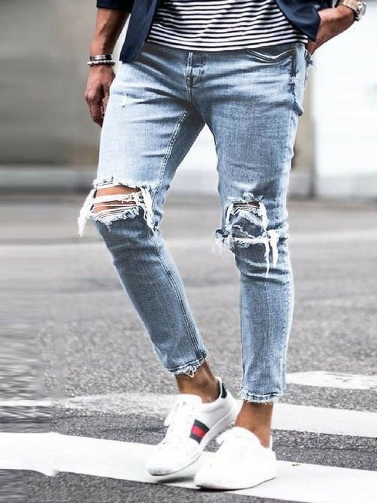 Hole Plain Pencil Pants Mid Waist Herre Casual Jeans